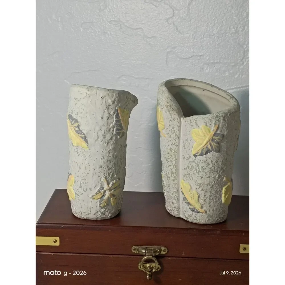 Handcrafted White Ceramic Vases with Yellow Leaves, Handpainted Clay Pottery